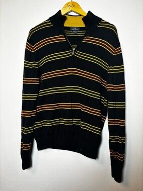 Brooks Brothers 346 Merino Wool Sweater Mens Deep Blue Striped Sz Large 1/4 Zip